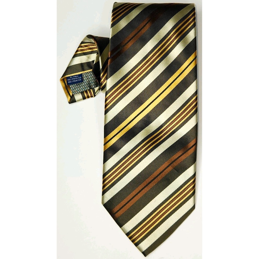 Stafford Men's Woven Polyester Tie Brown Gold Cream Black Striped - 61"